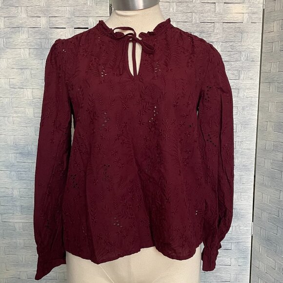 Madewell Blouse Embroidered Eyelet Long Sleeve Ruffle Mock Keyhole Tie Neck sz S - Picture 1 of 7